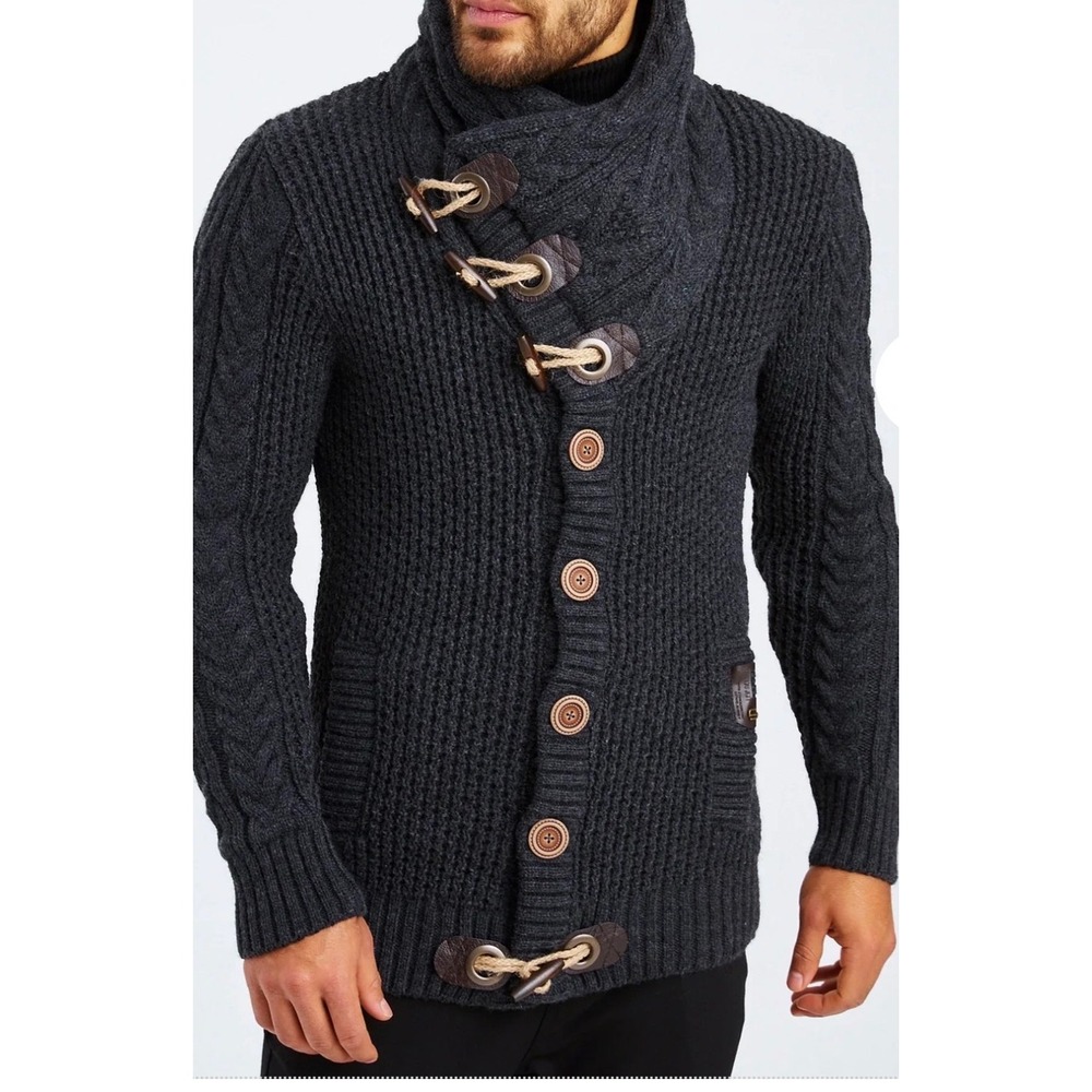 Leif Nelson Cardigan Stand Up Collar Mens Toggle Button Cable Knit Grey Large